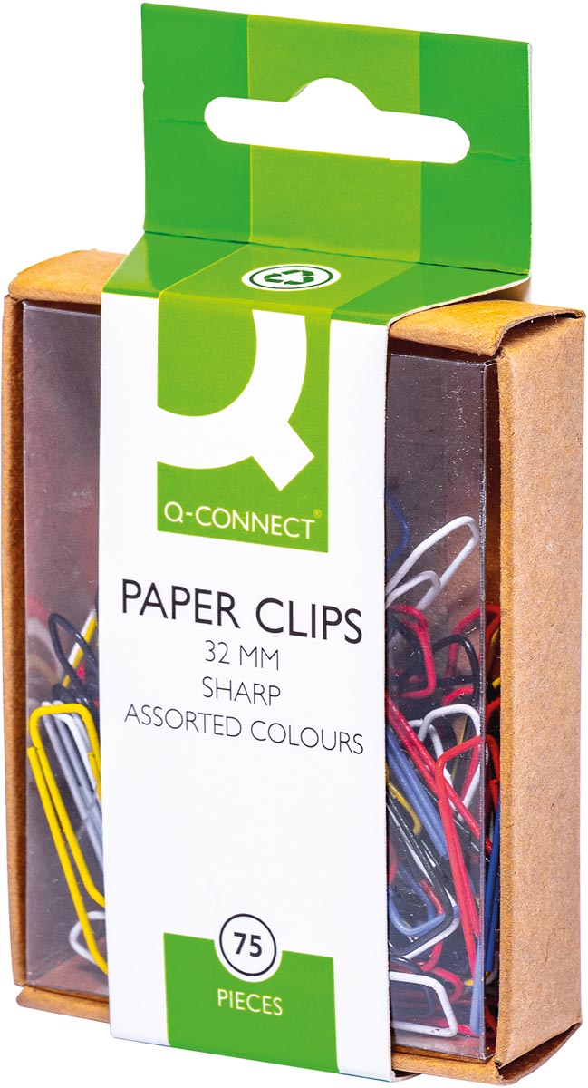 Q-CONNECT papierklemmen, 32 mm, doos van 75 stuks, ophangbaar, geassorteerde kleuren. afbeelding