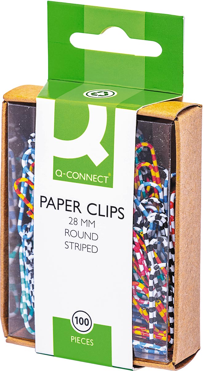Q-CONNECT papierklemmen, 28 mm, doos van 100 stuks, gestreept in wit en geassorteerde kleuren Q-CONNECT papierklemmen, 28 mm, doos van 100 stuks, gestreept in wit en geassorteerde kleuren