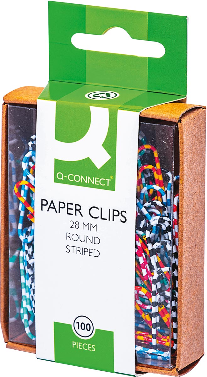 Q-CONNECT papierklemmen, 28 mm, doos van 100 stuks, gestreept in wit en geassorteerde kleuren