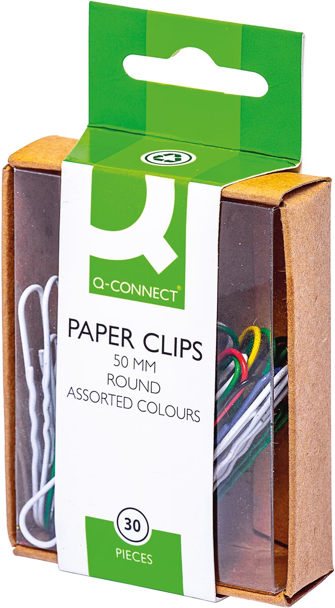 Q-CONNECT papierklemmen, 50 mm, gekleurd, doos van 30 stuks, ophangbaar afbeelding