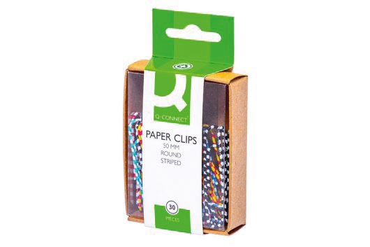 Q-CONNECT papierklemmen, 50 mm, doos van 30 stuks, gestreept in wit en geassorteerde kleuren Q-CONNECT papierklemmen, 50 mm, doos van 30 stuks, gestreept in wit en geassorteerde kleuren