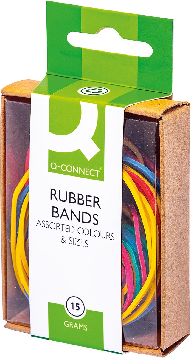 Q-CONNECT elastieken, breedte 1,5 mm, verschillende lengtes, 15 g, geassorteerde kleuren