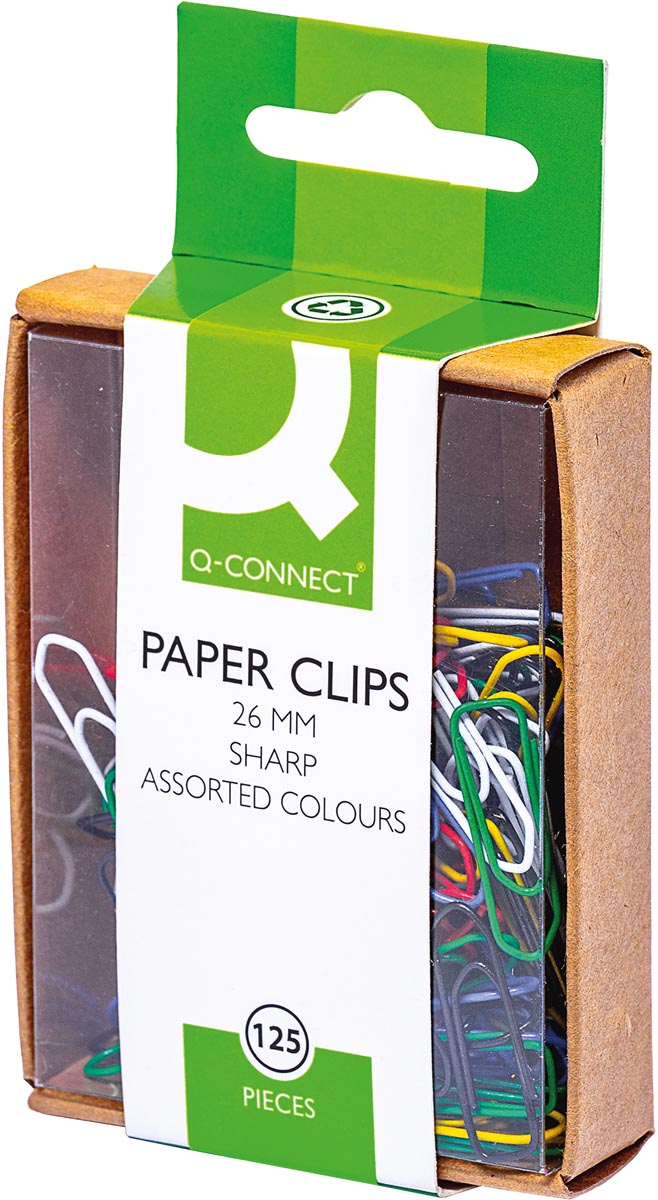 Q-CONNECT papierklemmen, 26 mm, gekleurd, doos van 125 stuks, ophangbaar afbeelding