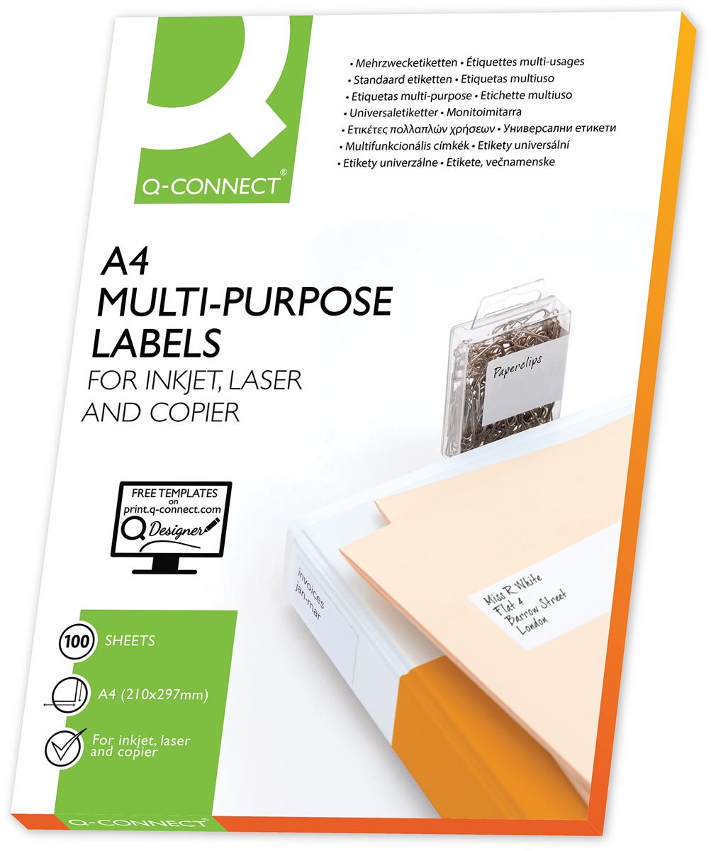 Q-CONNECT etiketten, wit, ronde hoeken, 63,5 x 33,9 mm, 100 vel, 24 etiketten per vel