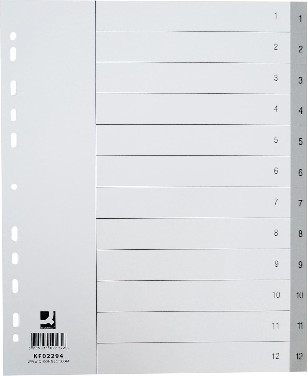Q-CONNECT tabbladen, A4, PP, 11-gaatsperforatie, met indexblad, set van 1-12, 12 tabs, grijs afbeelding