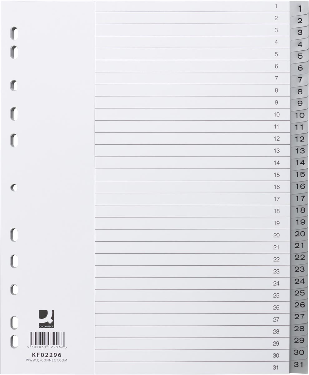 Q-CONNECT tabbladen, A4, PP, 11-gaatspeforatie, met indexblad, set van 1-31, 31 tabs, grijs afbeelding