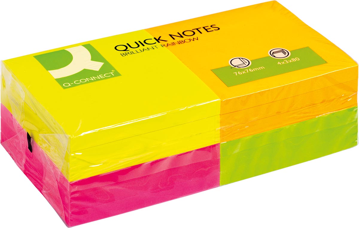 Q-CONNECT Quick Notes, ft 76 x 76 mm, 80 vel, pak van 12 blokken in 4 neonkleuren afbeelding