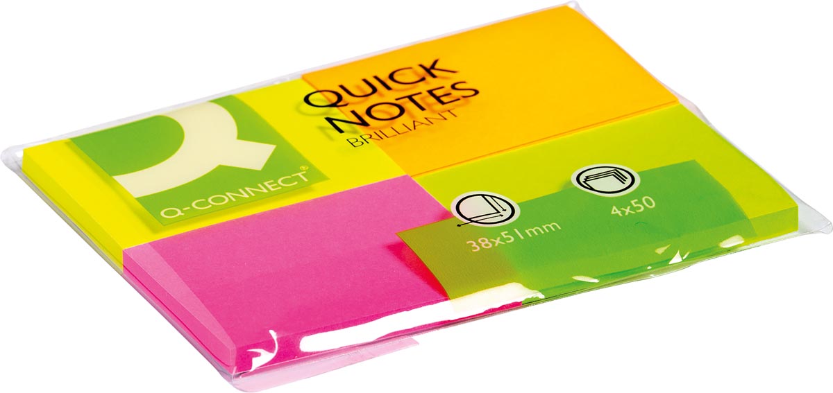 Q-CONNECT Quick Notes, ft 38 x 51 mm, 50 vel, pak van 4 blokken in neonkleuren afbeelding