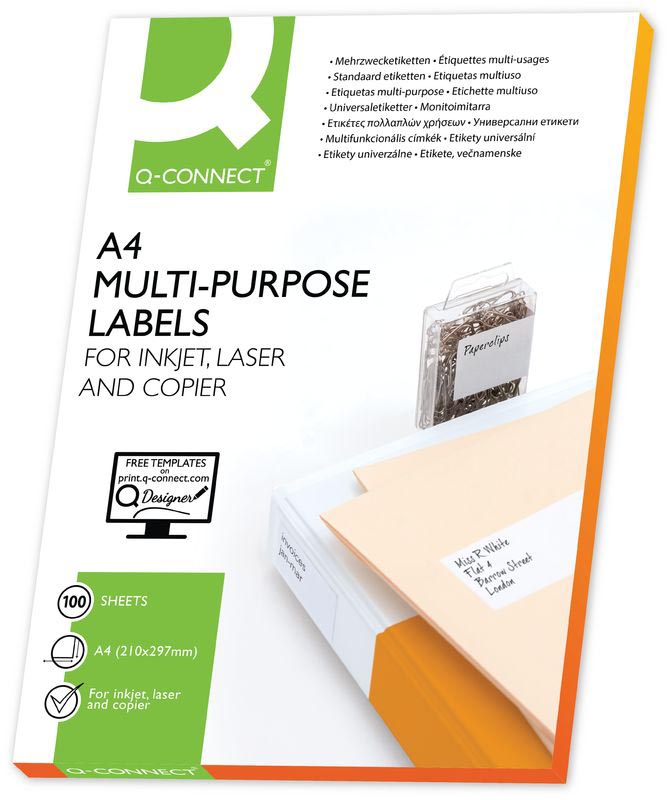 Q-CONNECT etiketten, wit, rechte hoeken, 210 x 297 mm, 100 vel, 1 etiket per vel afbeelding