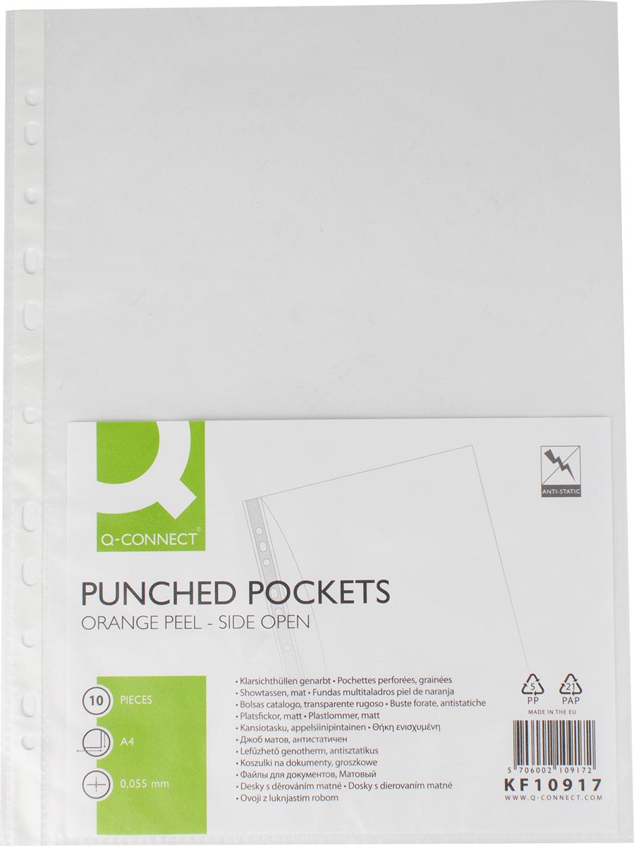Q-CONNECT geperforeerde showtas A4 11-gaatsperforatie gekorreld 55 micron pak van 10 stuks Q-CONNECT geperforeerde showtas A4 11-gaatsperforatie gekorreld 55 micron pak van 10 stuks