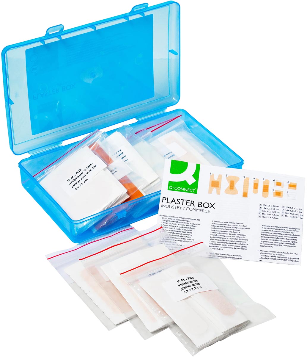 Q-CONNECT pleisters, assortiment van 100 stuks, in hersluitbare plastic box