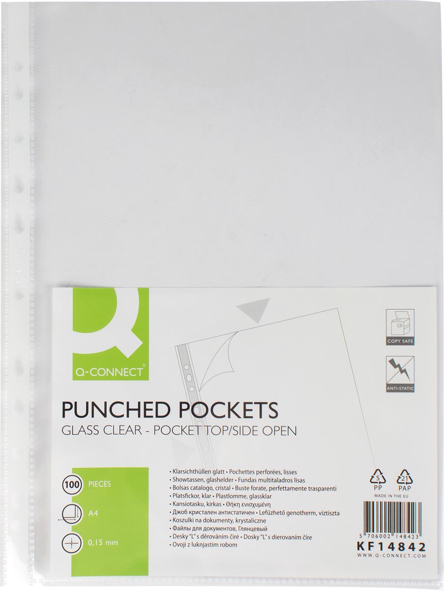 Q-CONNECT geperforeerde showtas A4 11-gaatsperforatie glashelder 150 micron pak van 100 stuks Q-CONNECT geperforeerde showtas A4 11-gaatsperforatie glashelder 150 micron pak van 100 stuks