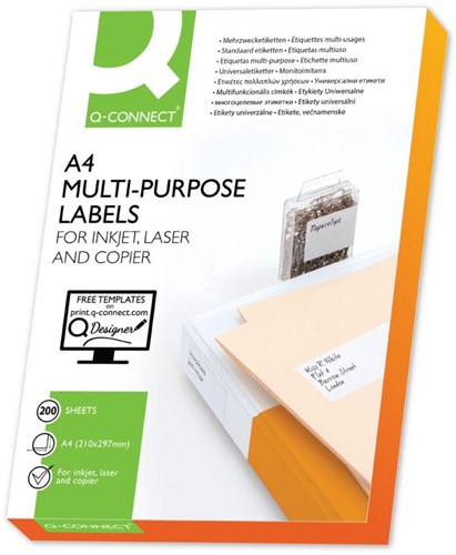 Q-CONNECT etiketten, wit, rechte hoeken, 105 x 148,5 mm, 200 vel, 4 etiketten per vel