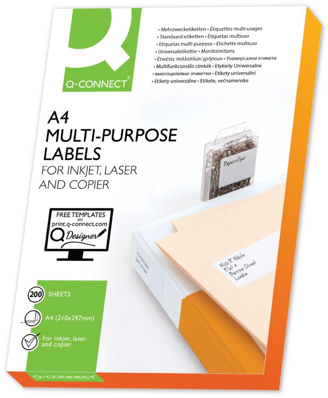 Q-CONNECT etiketten, wit, rechte hoeken, 105 x 148,5 mm, 200 vel, 4 etiketten per vel afbeelding