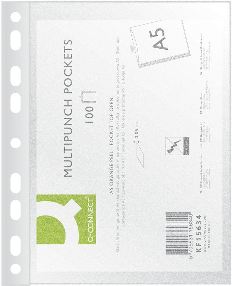 Q-CONNECT geperforeerde showtas, ft A5, 9-gaatsperforatie, PP, 50 micron, pak van 100 stuks
