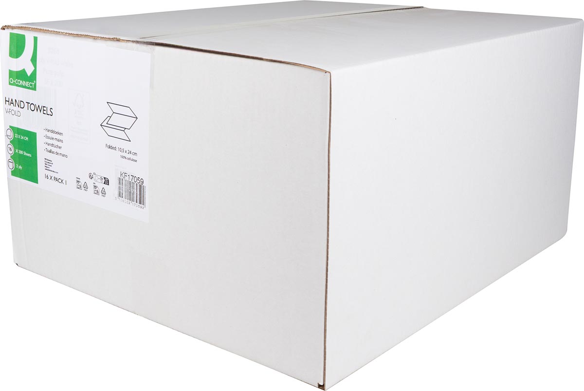 Q-CONNECT handdoek, papier, V-vouw, 2-laags, 200 vel, pak van 16 stuks , 100 % cellulose afbeelding