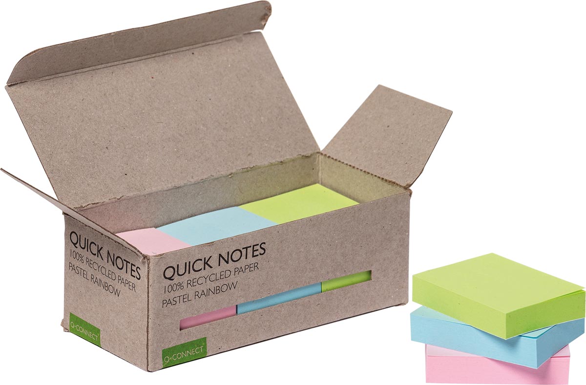 Q-CONNECT Quick Notes Recycled pastel, ft 38 x 51 mm, 100 vel, doos van 12 stuks in geassorteerde kleuren afbeelding
