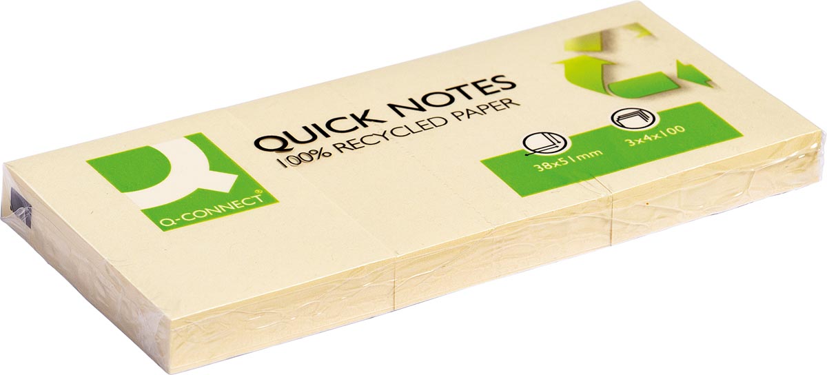 Q-CONNECT Quick Notes Recycled, ft 38 x 51 mm, 100 vel, pak van 3 blokken, geel afbeelding