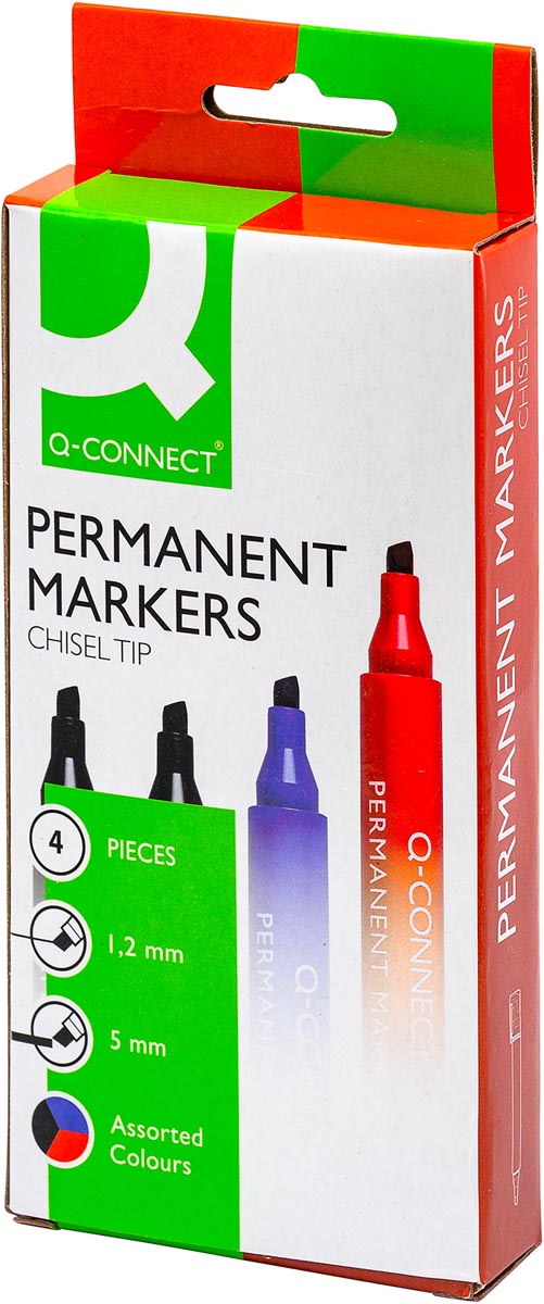 Q-CONNECT permanente marker, 2-5 mm, schuine punt, geassorteerde kleuren, etui van 4 stuks afbeelding