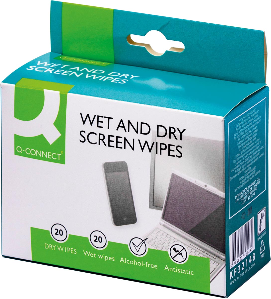 Q-CONNECT Wet & Dry beeldschermreinigingsdoekjes, doos van 20 paar (1 Wet en 1 Dry) afbeelding