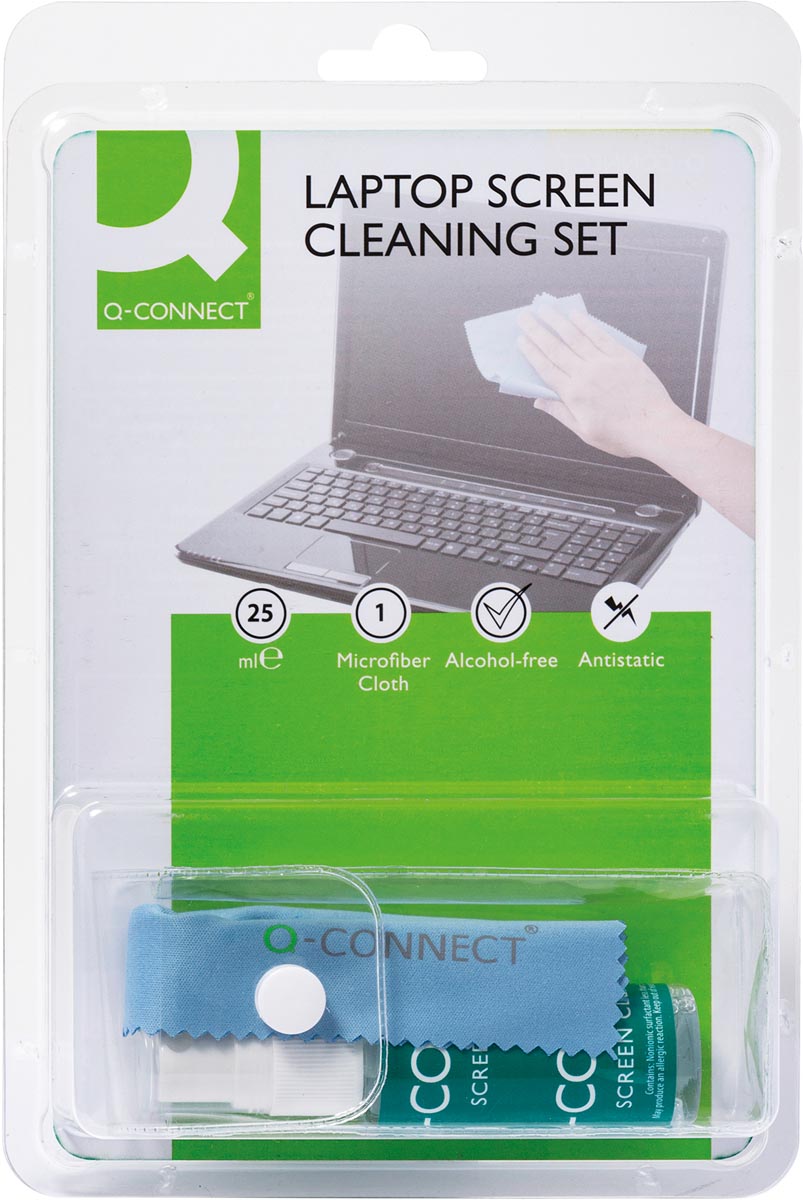 Q-CONNECT reinigingsspray voor scherm en toetsenbord inclusief doek pompspray van 25 ml