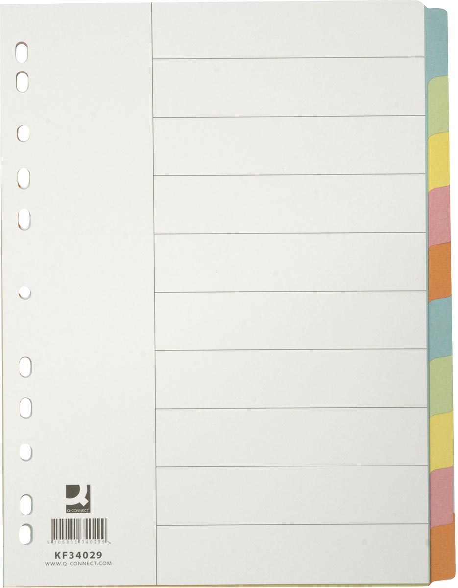 Q-CONNECT tabbladen, A4, karton, 11-gaatsperforatie, 10 tabs, geassorteerde kleuren afbeelding