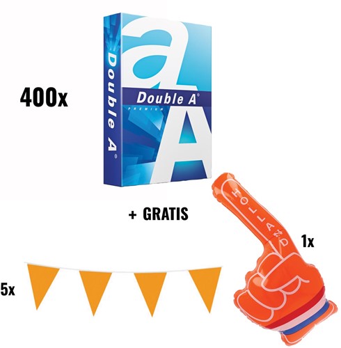 ACTIE: 400 x Double A printpapier A4, 80 g + GRATIS 5 x Vlaggenlijn + GRATIS 1 x Oranje hand