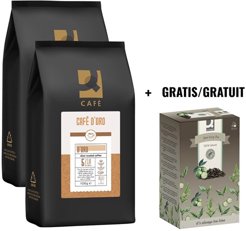 ACTIE Q-CONNECT: 2 x koffiebonen Café D'Oro, 1 kg + GRATIS 1 x thee, earl grey, 20 zakjes