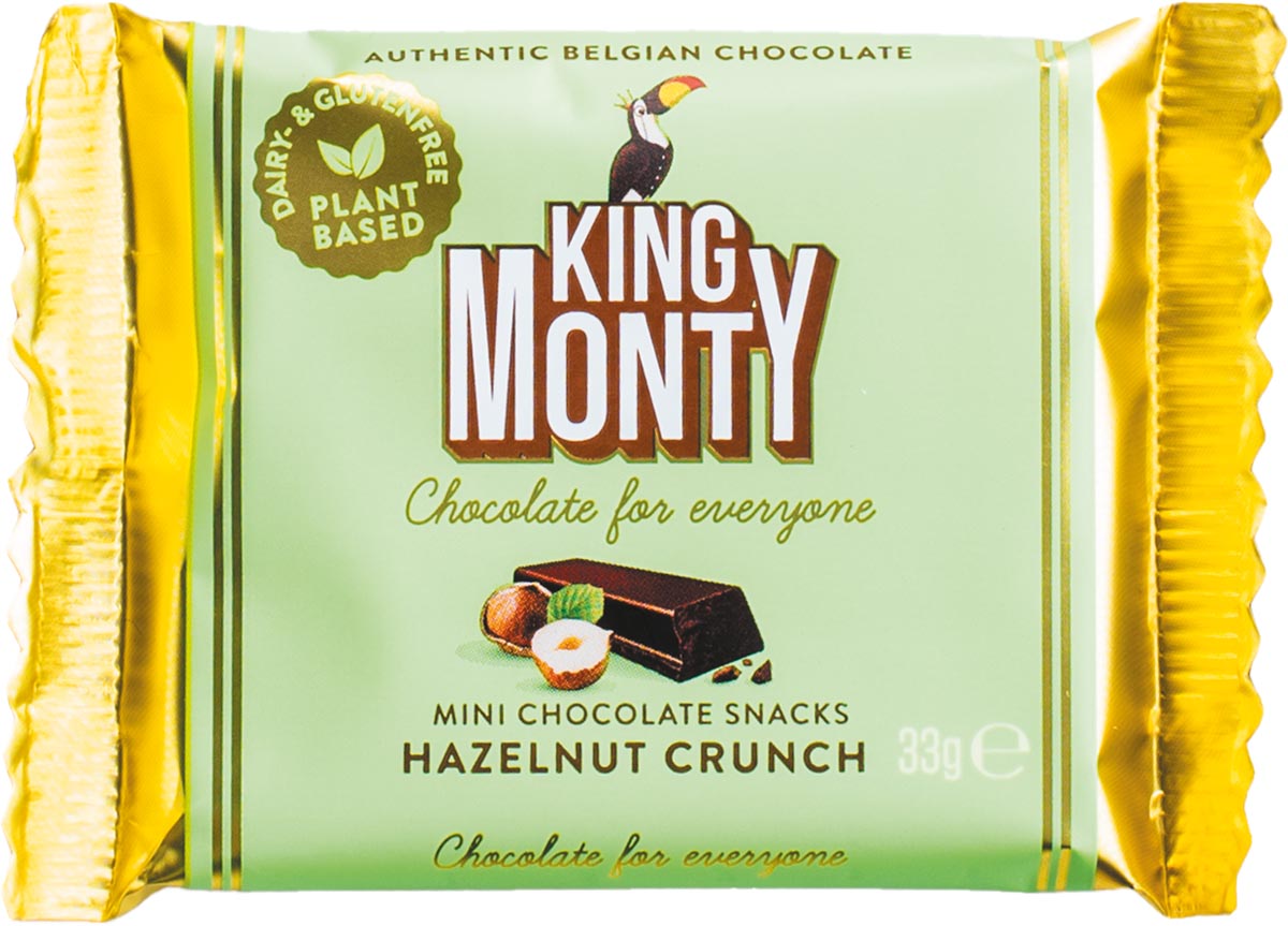 King Monty chocolade, Hazelnut Crunch, snack van 33 g, pak van 12 stuks