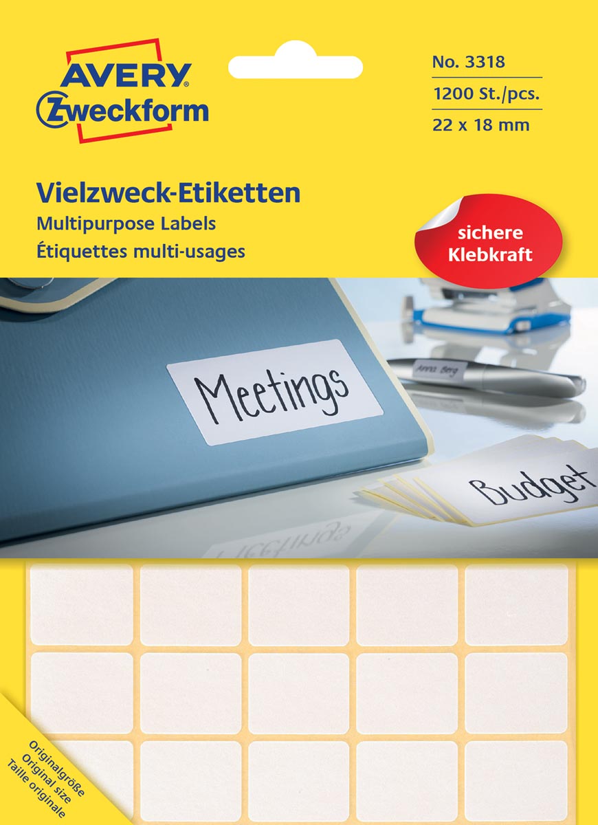 Avery Zweckform 3318 mini etiketten ft 22 x 18 mm (b x h), 1.200 etiketten, wit afbeelding