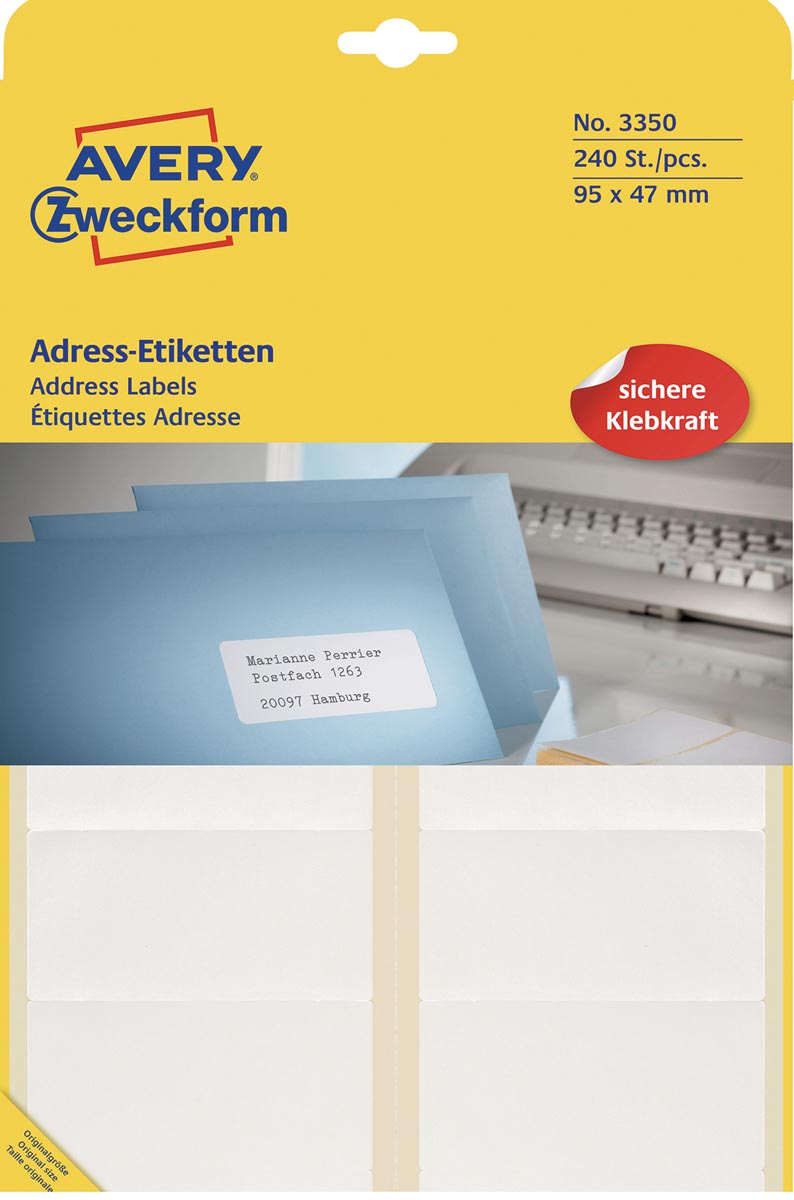 Avery Zweckform 3350 adresetiketten ft 95 x 47 mm (b x h), 240 etiketten, wit afbeelding