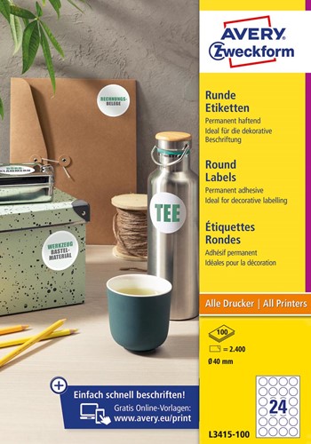 Avery Zweckform ronde etiketten, diameter 40 mm, wit, permanent klevend, 240 etiketten, 10 vellen