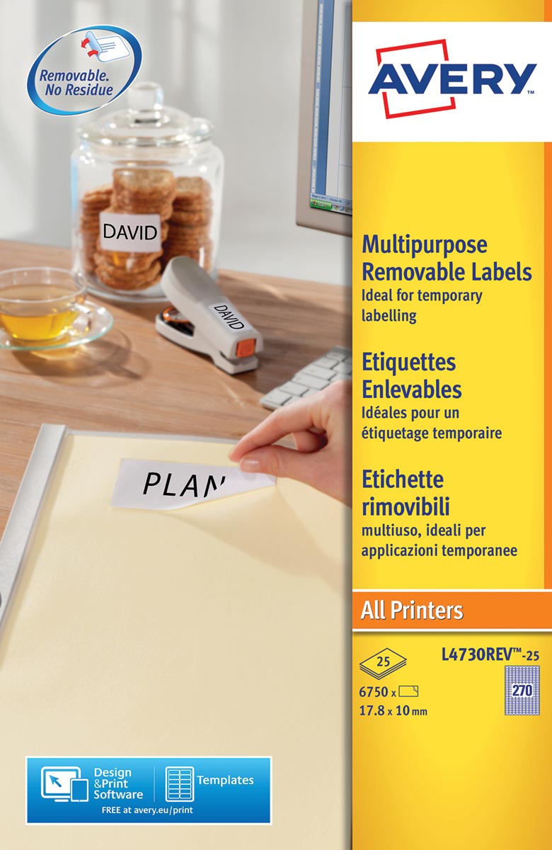 Avery L4730REV-25 afneembare etiketten ft 17,8 x 10 mm (b x h), 6.750 etiketten, wit afbeelding