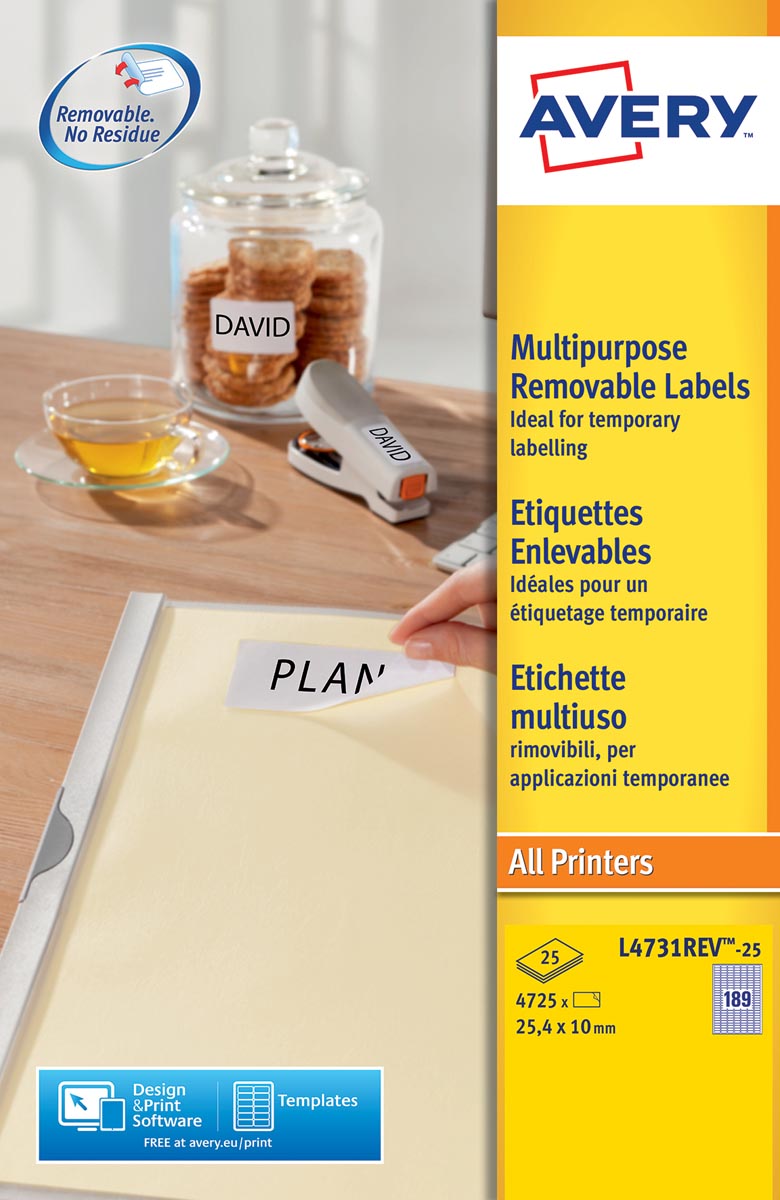 Avery L4731REV-25 afneembare etiketten ft 25,4 x 10 mm (b x h), 4.725 etiketten, wit afbeelding