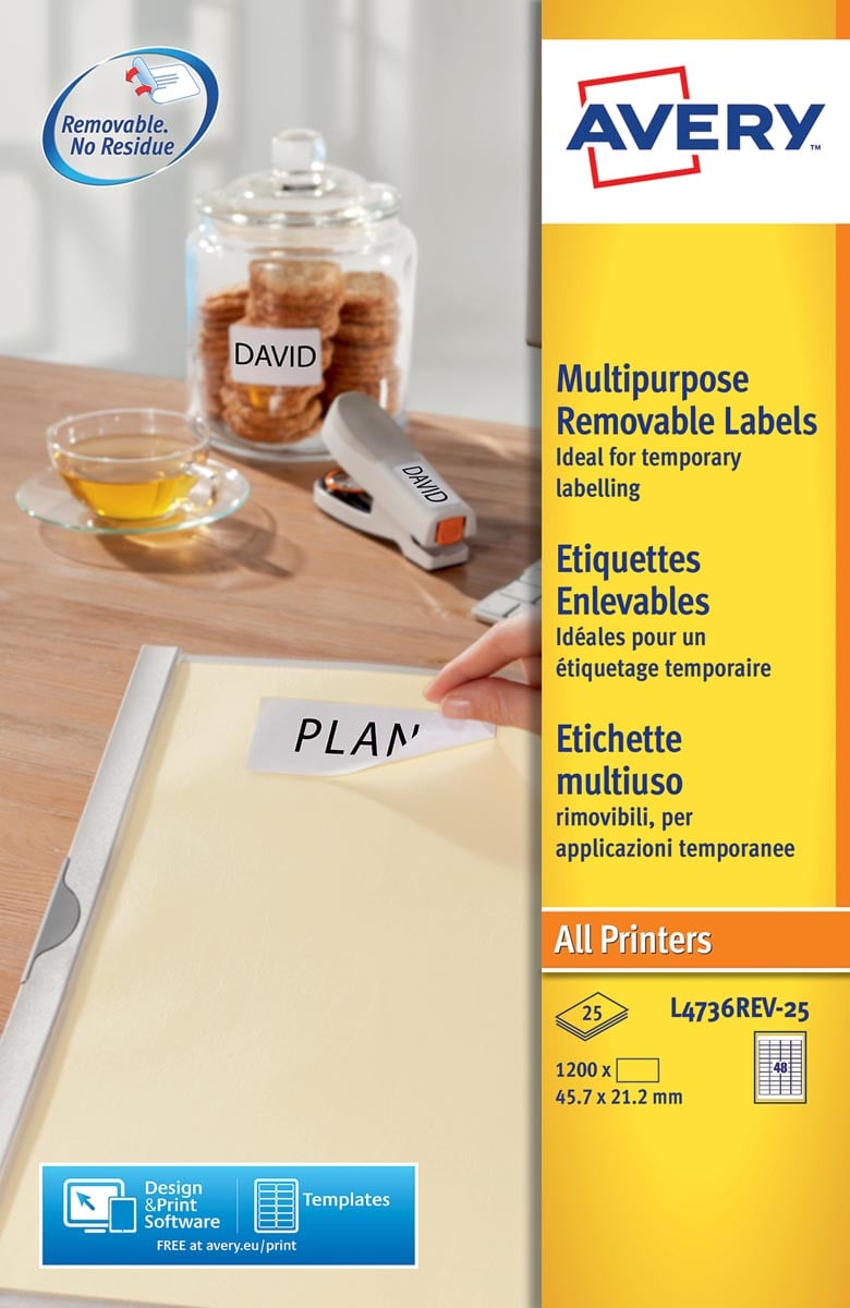 Avery afneembare witte etiketten Stick & Lift ft 45,7 x 21 mm (b x h), 1.200 stuks, 48 per blad