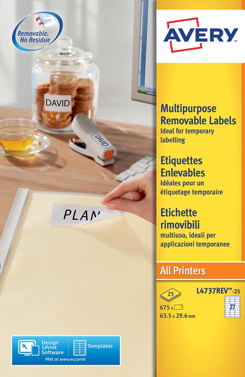 Avery L4737REV-25 afneembare etiketten ft 63,5 x 29,6 mm (b x h), 675 etiketten, wit afbeelding