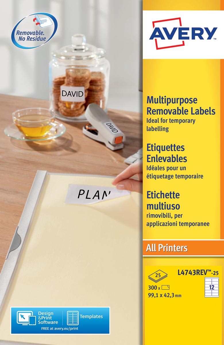 Avery L4743REV-25 afneembare etiketten ft 99,1 x 42,5 mm (b x h), 300 etiketten, wit afbeelding