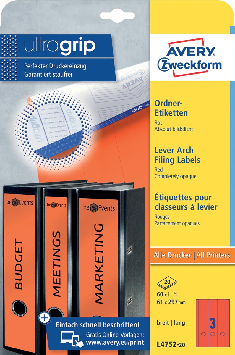 Avery Zweckform L4752-20 ordnerrugetiketten ft 29,7 x 6,1 cm (b x h), 60 etiketten, rood afbeelding