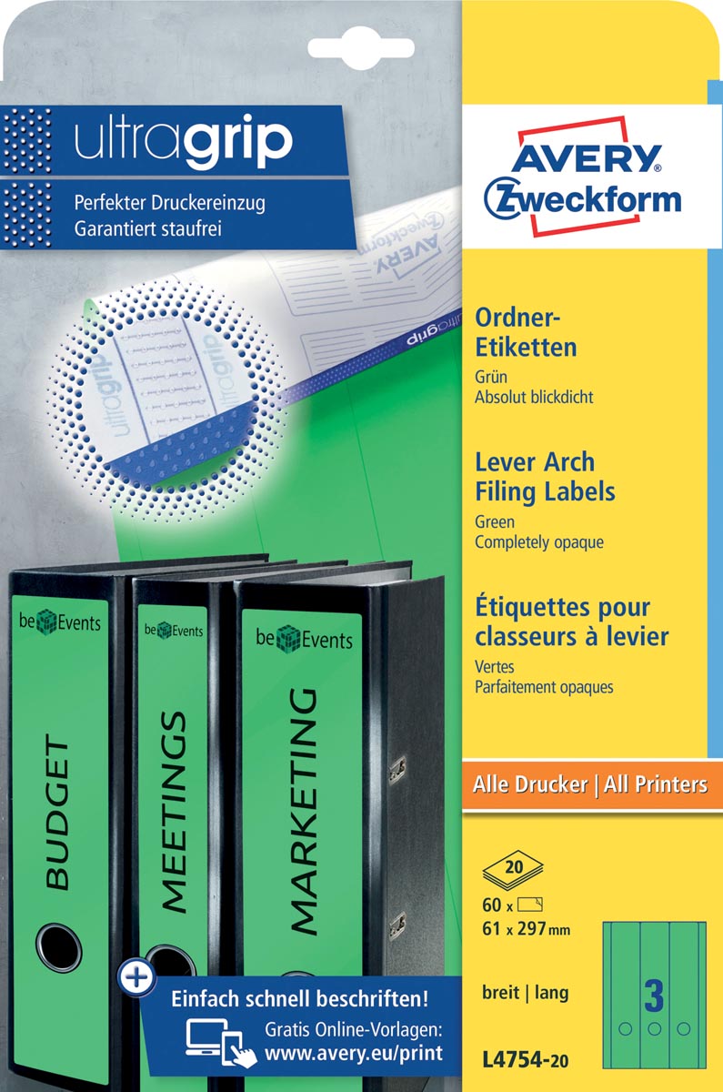 Avery Zweckform L4754-20 ordnerrugetiketten ft 29,7 x 6,1 cm (b x h), 60 etiketten, groen Avery Zweckform L4754-20 ordnerrugetiketten ft 29,7 x 6,1 cm (b x h), 60 etiketten, groen