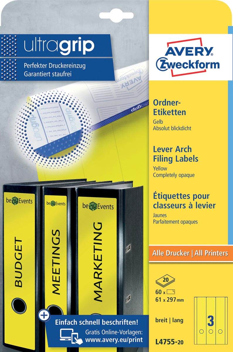 Avery Zweckform L4755-20 ordnerrugetiketten ft 29,7 x 6,1 cm (b x h), 60 etiketten, geel afbeelding