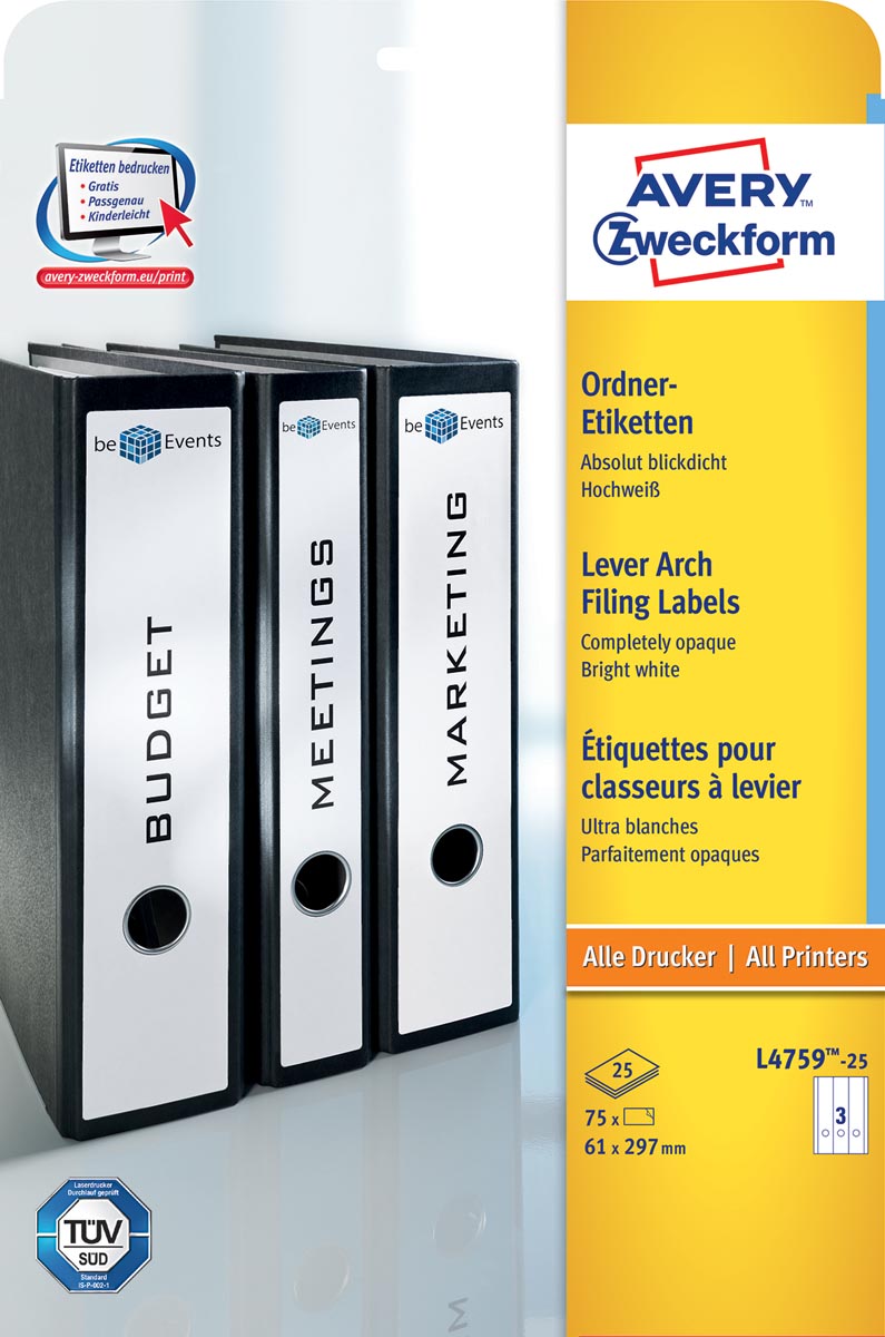 Avery Zweckform L4759-25 ordnerrugetiketten ft 29,7 x 6,1 cm (b x h), 75 etiketten, wit afbeelding