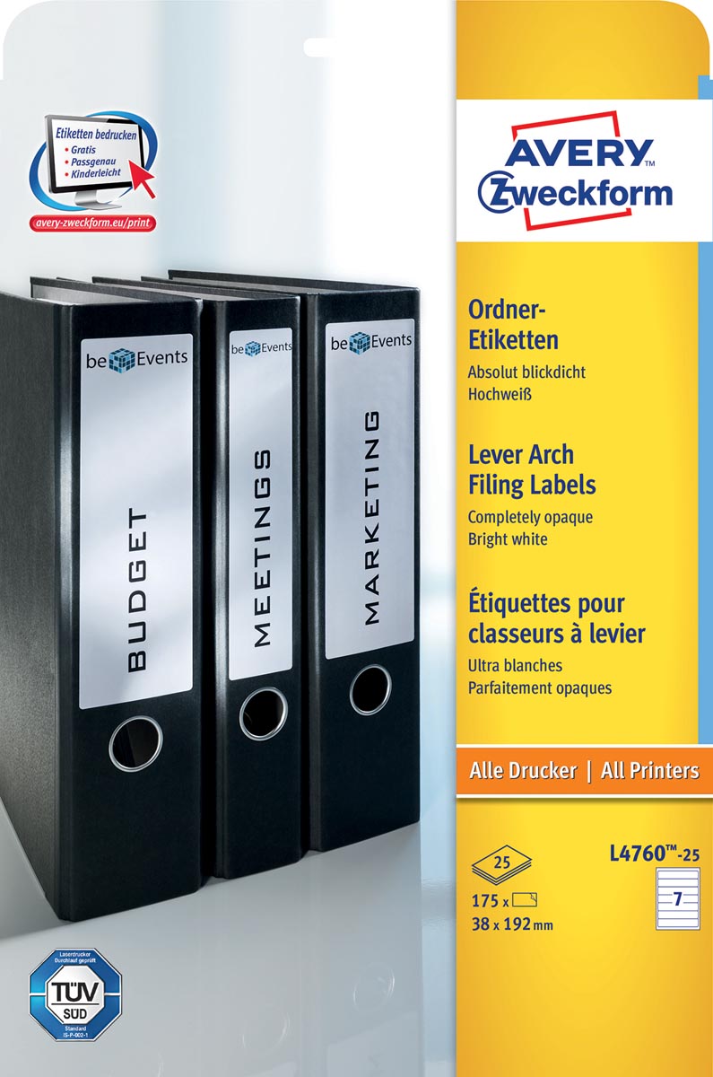 Avery Zweckform L4760-25 ordnerrugetiketten ft 19,2 x 3,8 cm (b x h), 175 etiketten, wit afbeelding
