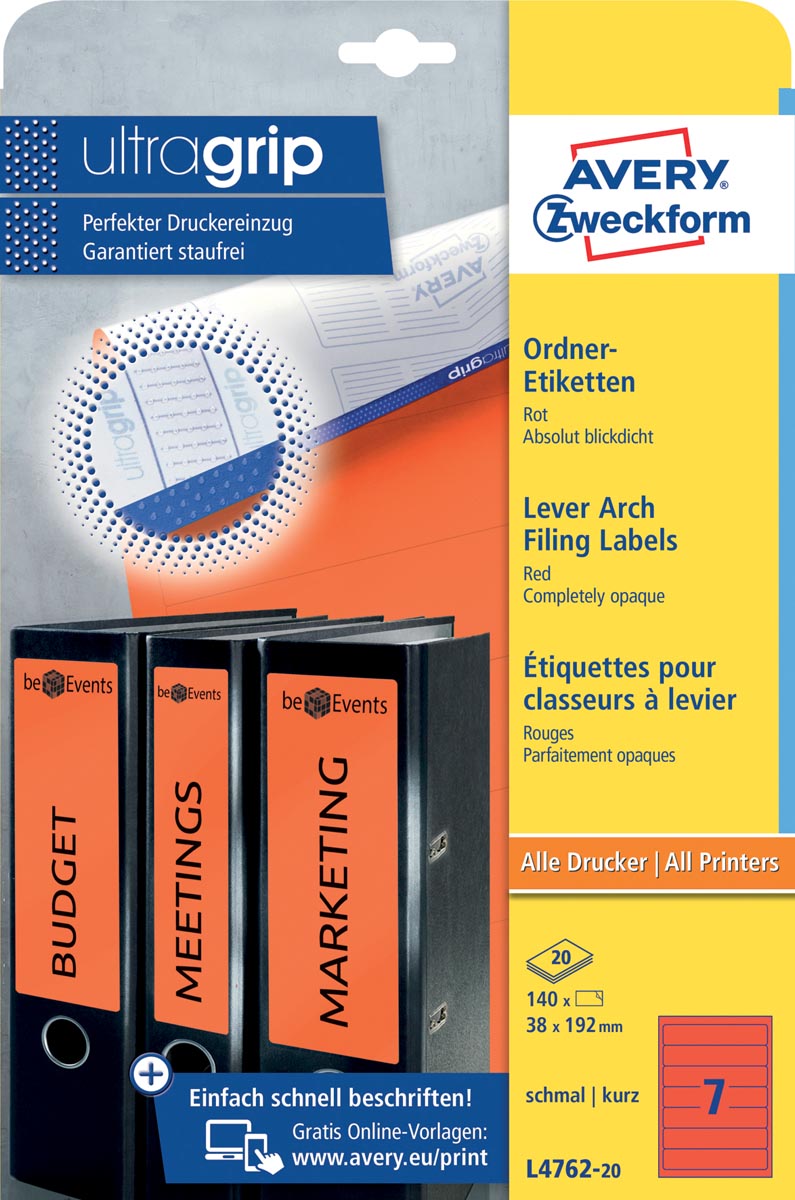 Avery Zweckform L4762-20 ordnerrugetiketten ft 19,2 x 3,8 cm (b x h), 140 etiketten, rood Avery Zweckform L4762-20 ordnerrugetiketten ft 19,2 x 3,8 cm (b x h), 140 etiketten, rood