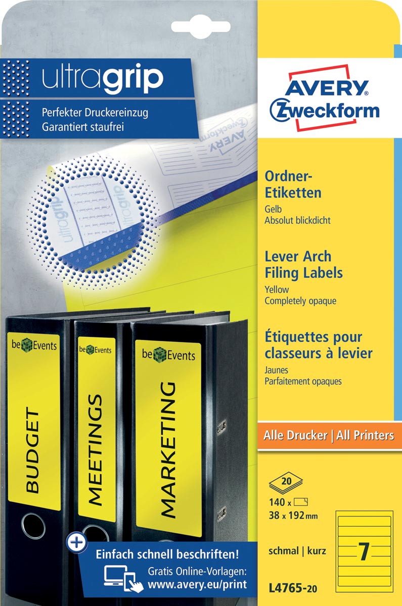 Avery Zweckform L4765-20 ordnerrugetiketten ft 19,2 x 3,8 cm (b x h), 140 etiketten, geel afbeelding