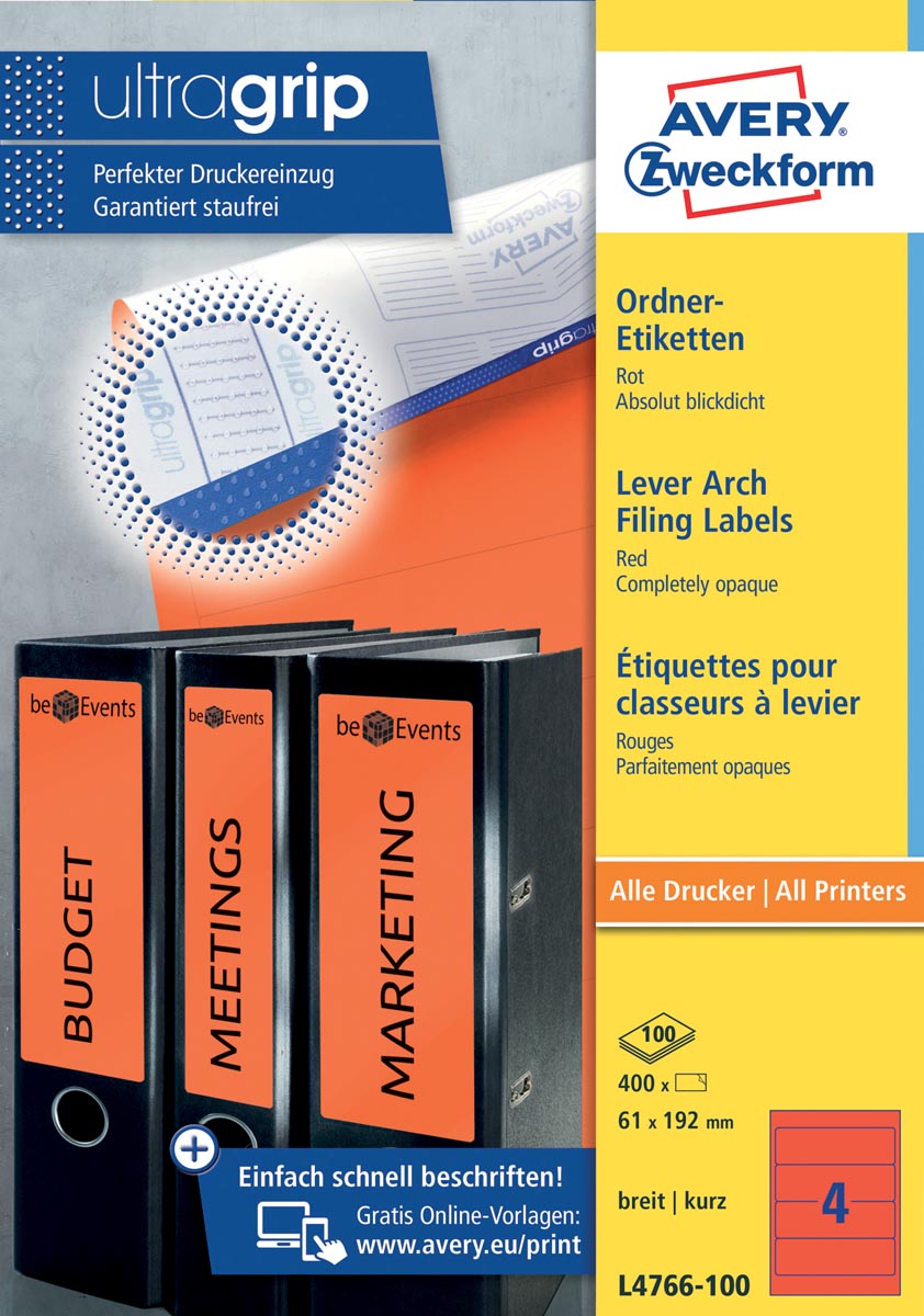 Avery Zweckform L4766-100 ordnerrugetiketten ft 19,2 x 6,1 cm (b x h), 400 etiketten, rood