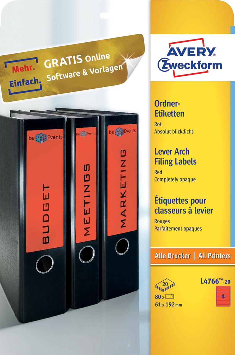 Avery Zweckform L4766-20 ordnerrugetiketten ft 19,2 x 6,1 cm (b x h), 80 etiketten, rood