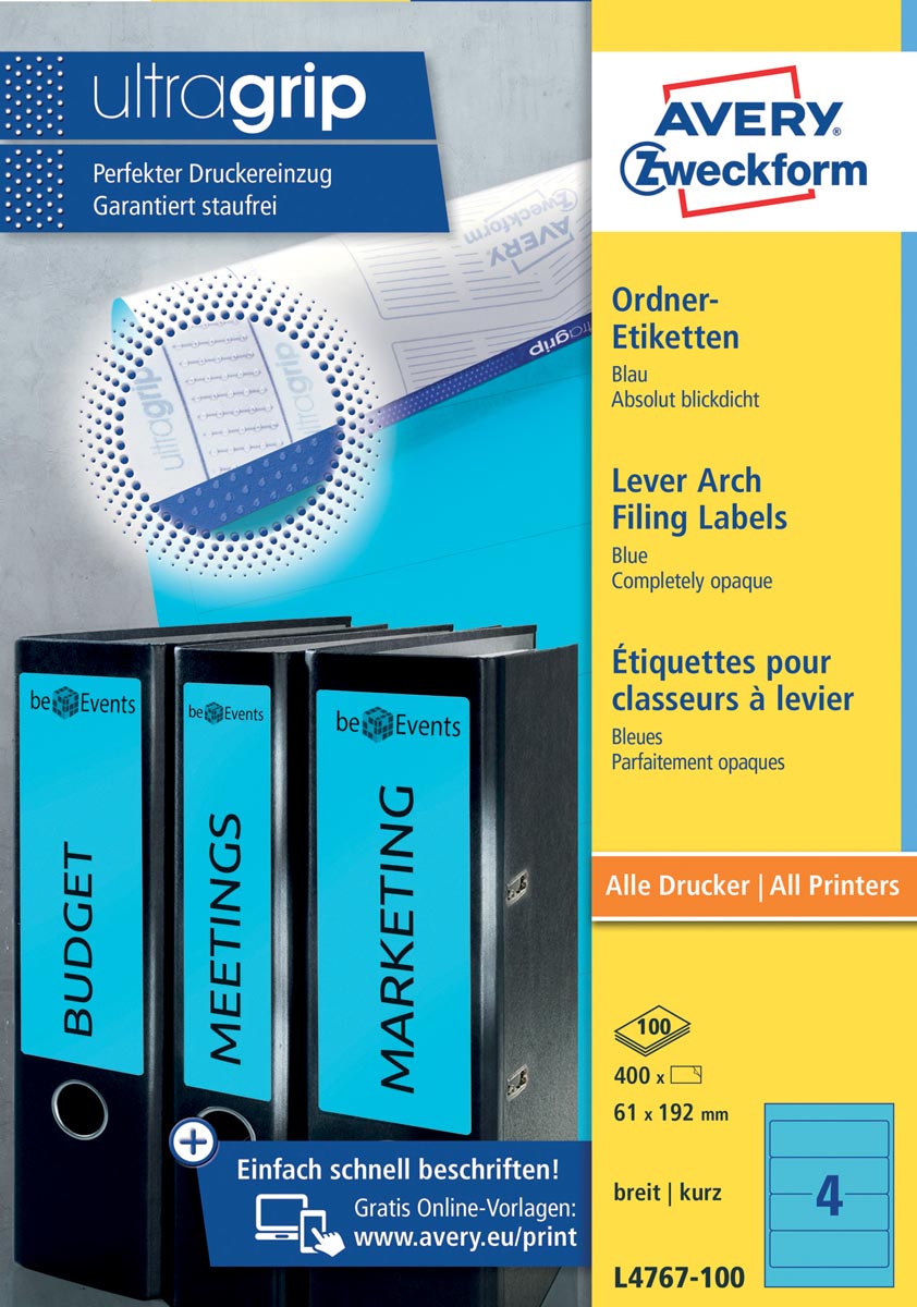Avery Zweckform L4767-100 ordnerrugetiketten ft 19,2 x 6,1 cm (b x h), 400 etiketten, blauw
