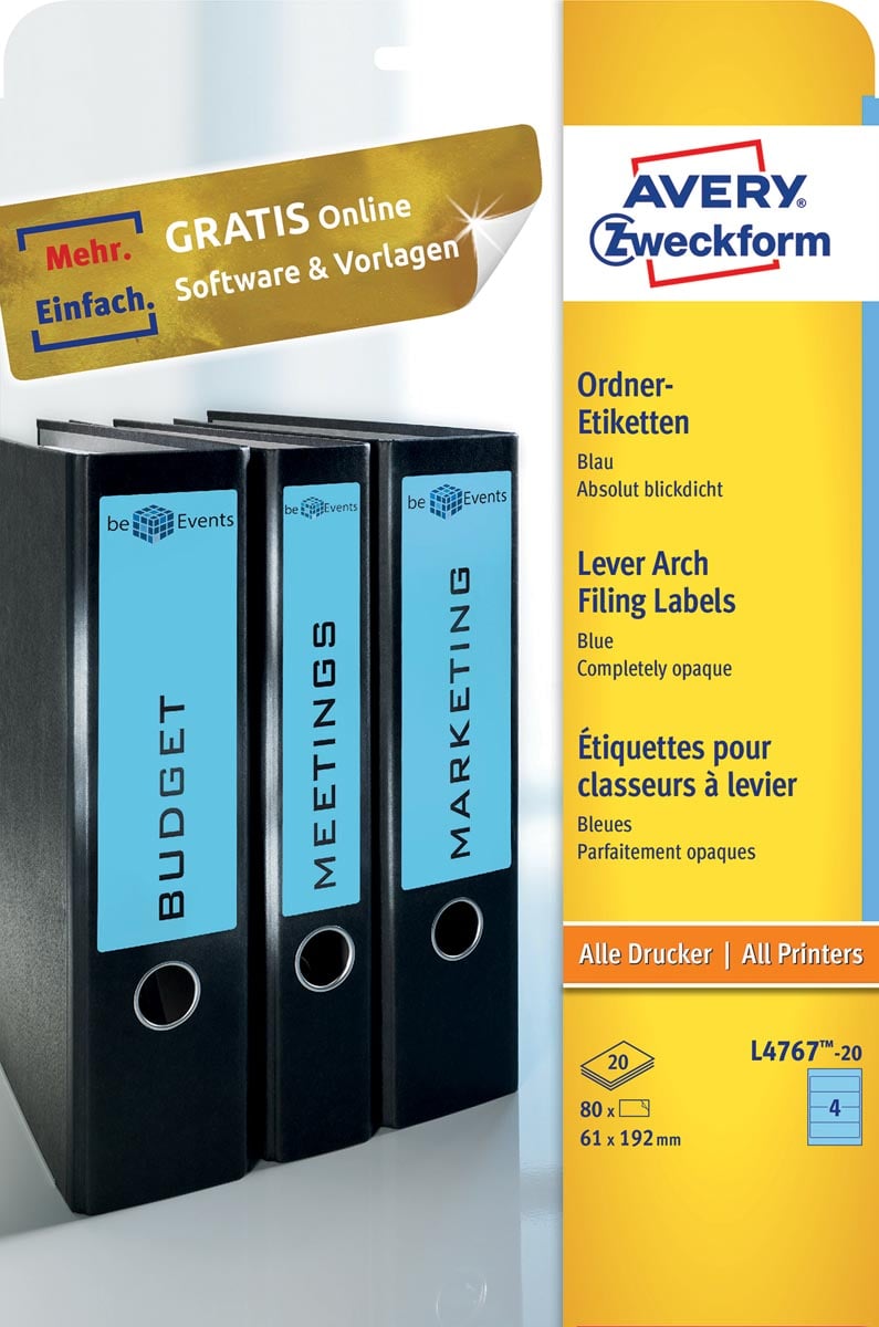 Avery Zweckform L4767-20 ordnerrugetiketten ft 19,2 x 6,1 cm (b x h), 80 etiketten, blauw Avery Zweckform L4767-20 ordnerrugetiketten ft 19,2 x 6,1 cm (b x h), 80 etiketten, blauw