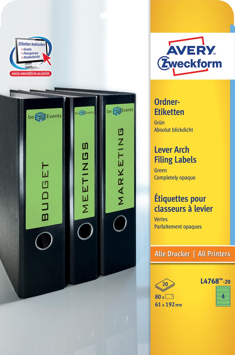 Avery Zweckform L4768-20 ordnerrugetiketten ft 19,2 x 6,1 cm (b x h), 80 etiketten, groen
