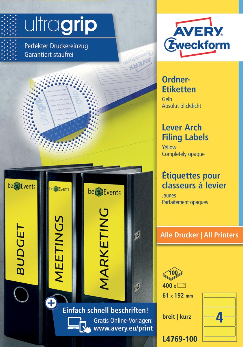 Avery Zweckform L4769-100 ordnerrugetiketten ft 19,2 x 6,1 cm (b x h), 400 etiketten, geel Avery Zweckform L4769-100 ordnerrugetiketten ft 19,2 x 6,1 cm (b x h), 400 etiketten, geel